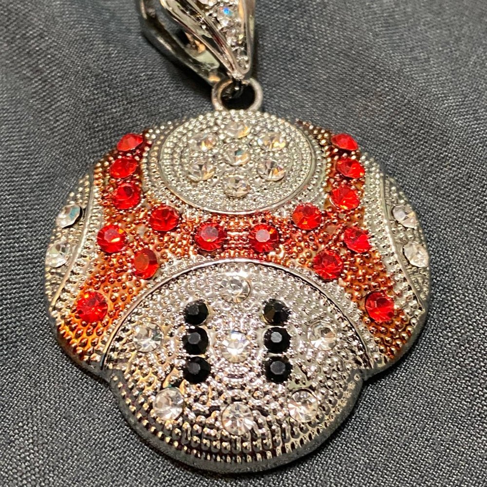 Silver Toned Mushroom Pendant with Black and Red Accents